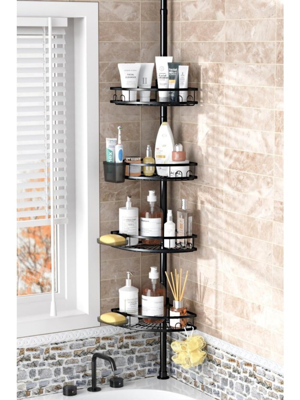 Adjustable Tension Pole Shower Caddy: Rustproof Corner Bathroom Organizer